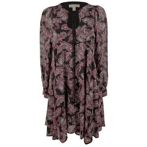 Michael Kors Women's Paisley Georgette Keyhole Neckline Dress Rp 8 Royal Pink